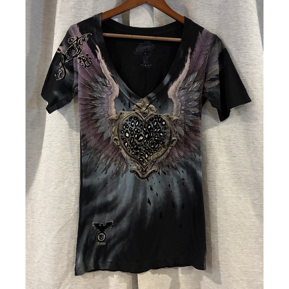 Remtee Emo Cybergoth Wings Heart Velour V-Neck T-Shirt Black Large